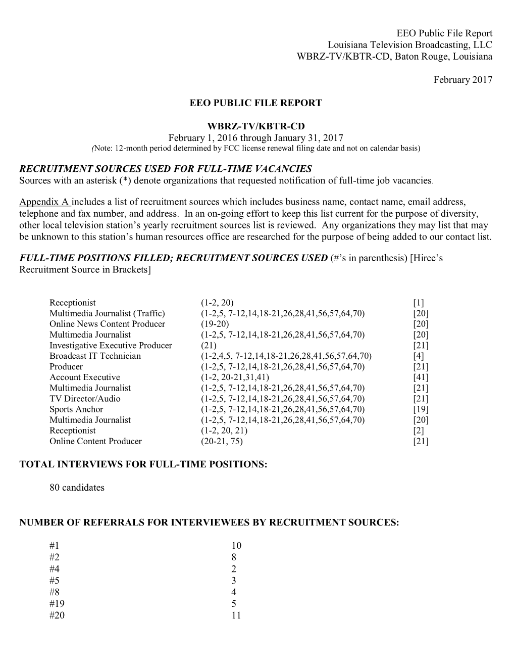 EEO Public File Report Louisiana Television Broadcasting, LLC WBRZ-TV/KBTR-CD, Baton Rouge, Louisiana