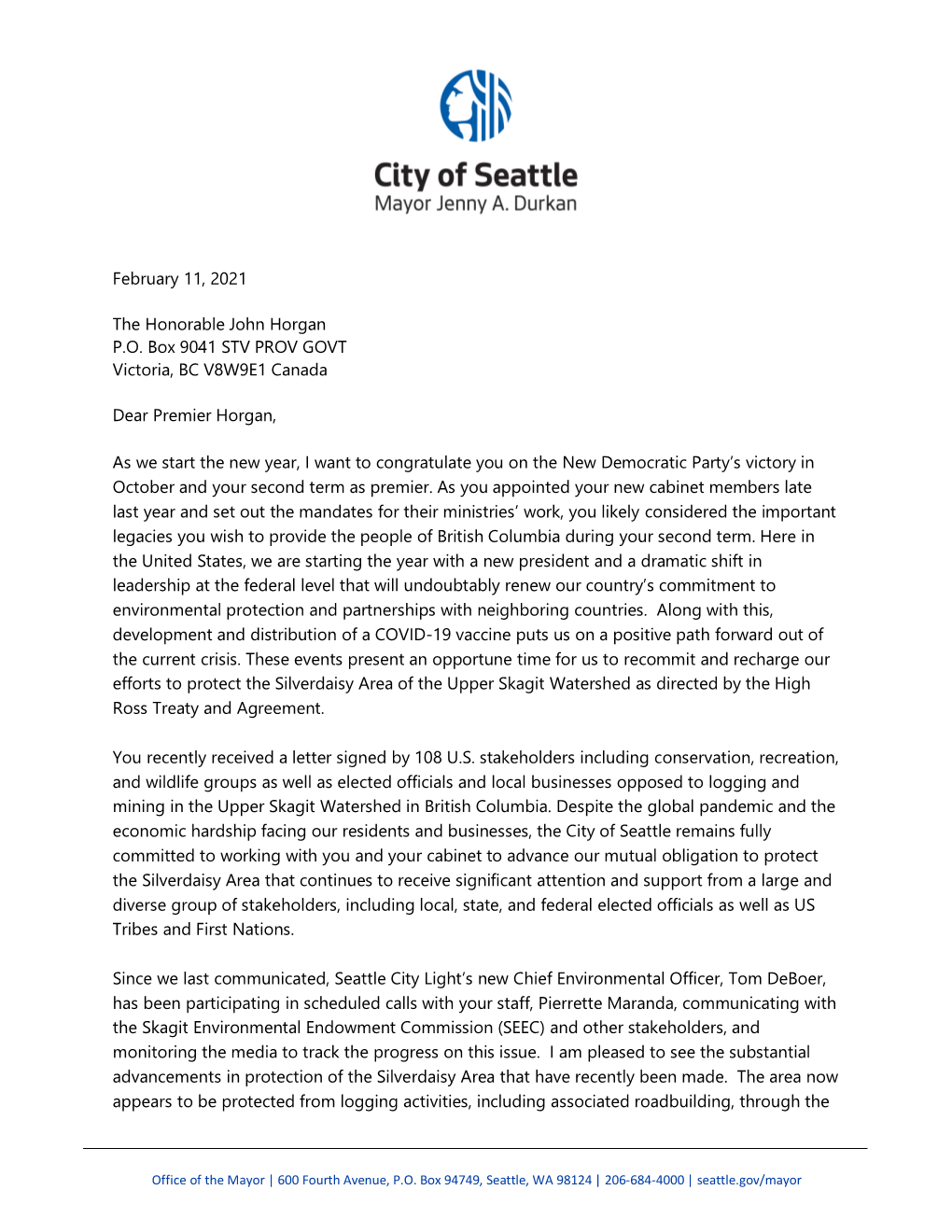 Letter from Seattle Mayor Jenny Durkan