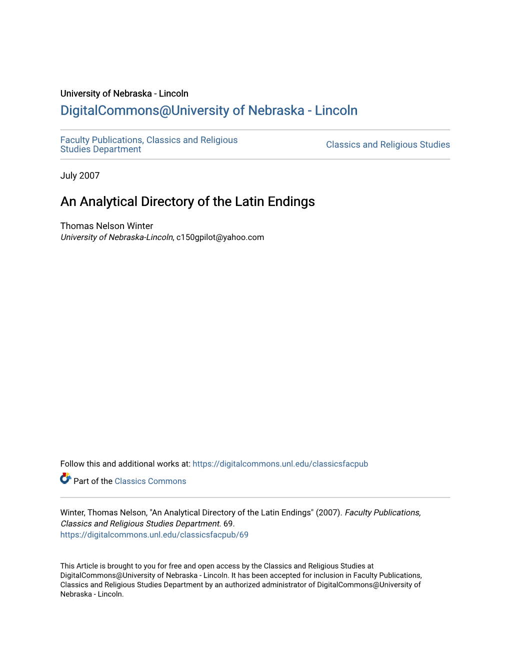 An Analytical Directory of the Latin Endings