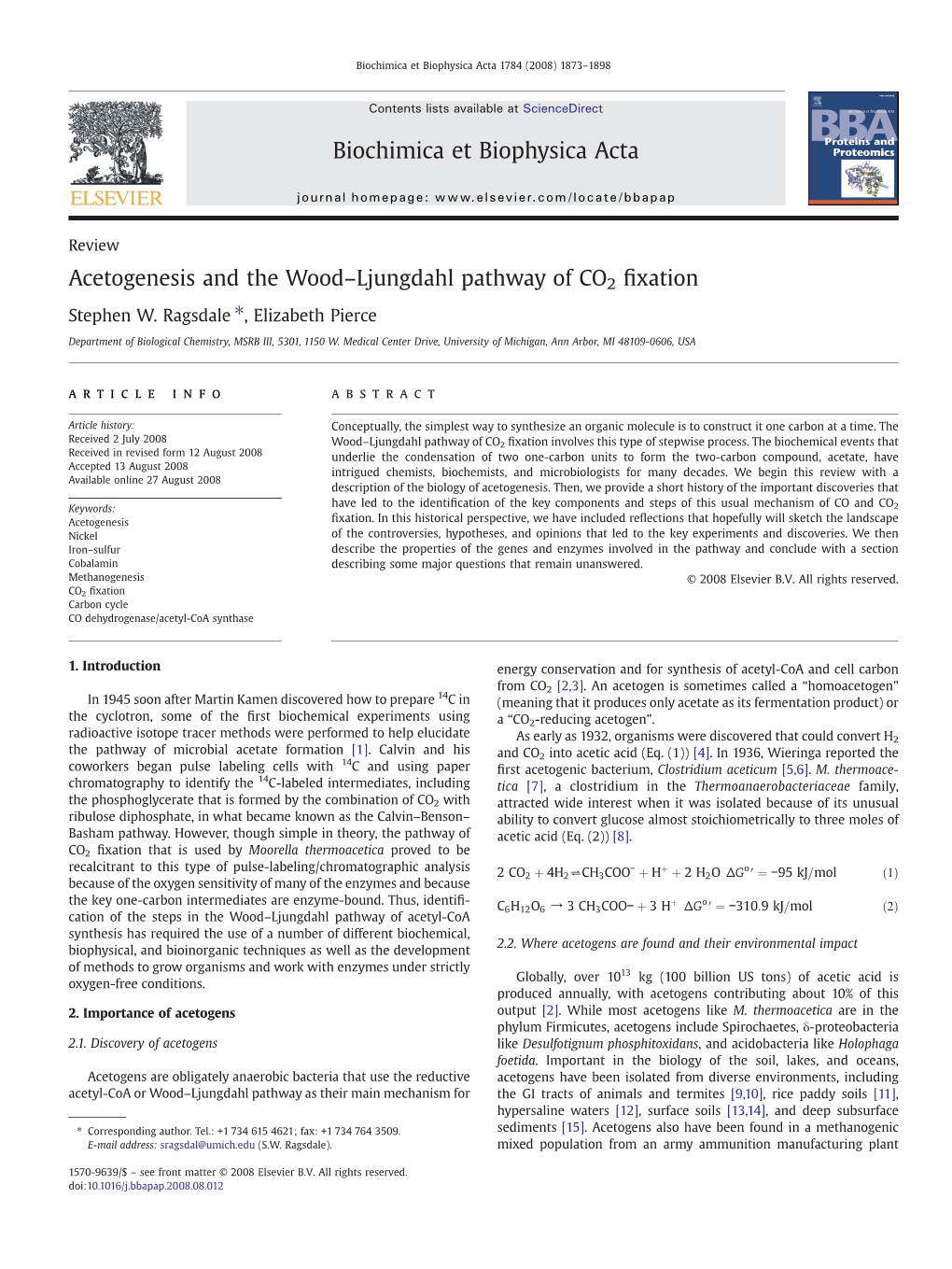 Acetogenesis and the Wood–Ljungdahl Pathway of CO2 Fixation