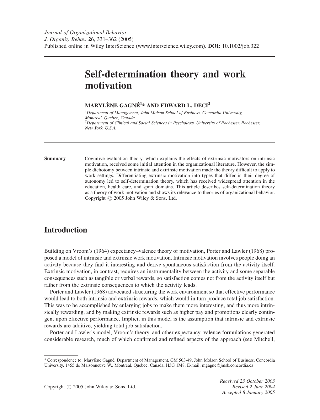 Self-Determination Theory and Work Motivation