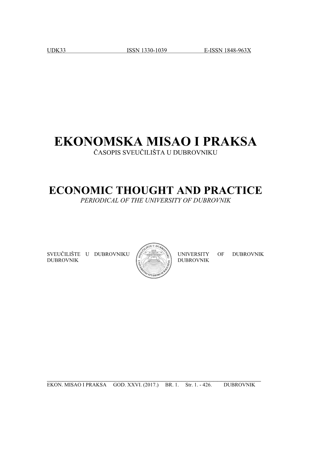 Ekonomska Misao I Praksa Časopis Sveučilišta U Dubrovniku