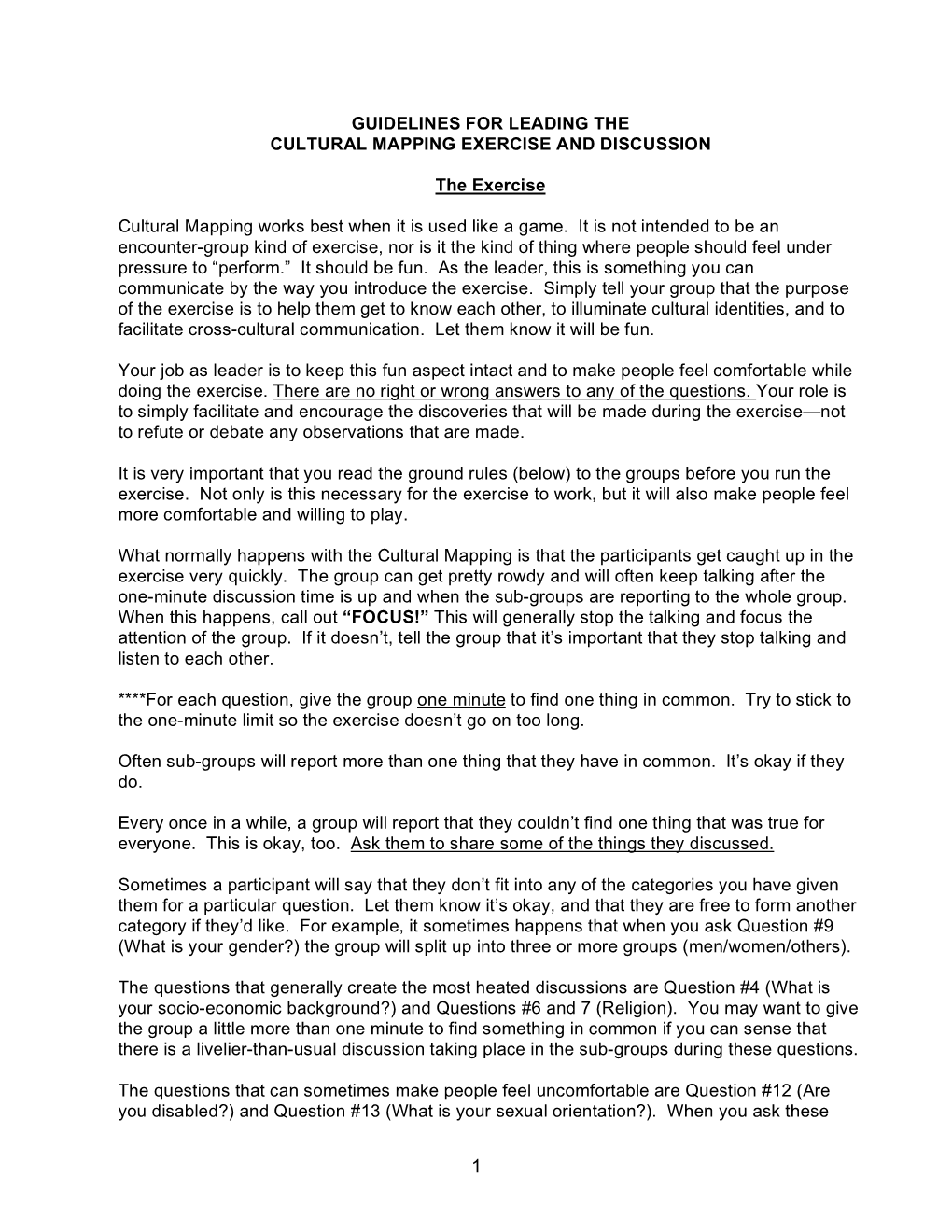 GUIDELINES for LEADING the CULTURAL MAPPING EXERCISE and DISCUSSION the Exercise Cultural Mapping Works Best When It Is Used Li