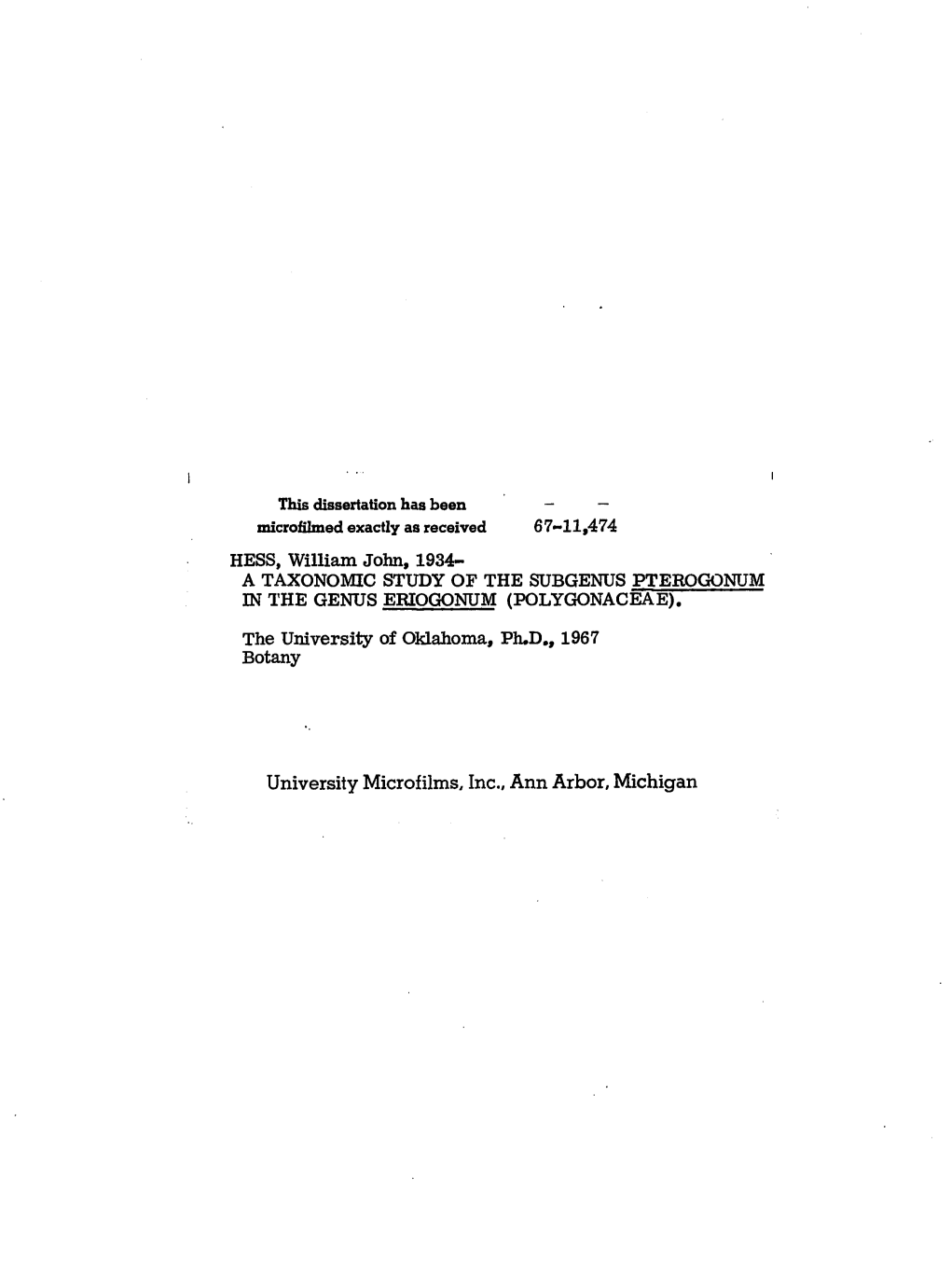 University Microfilms, Inc., Ann Arbor, Michigan the UNIVERSITY of OKLAHOMA