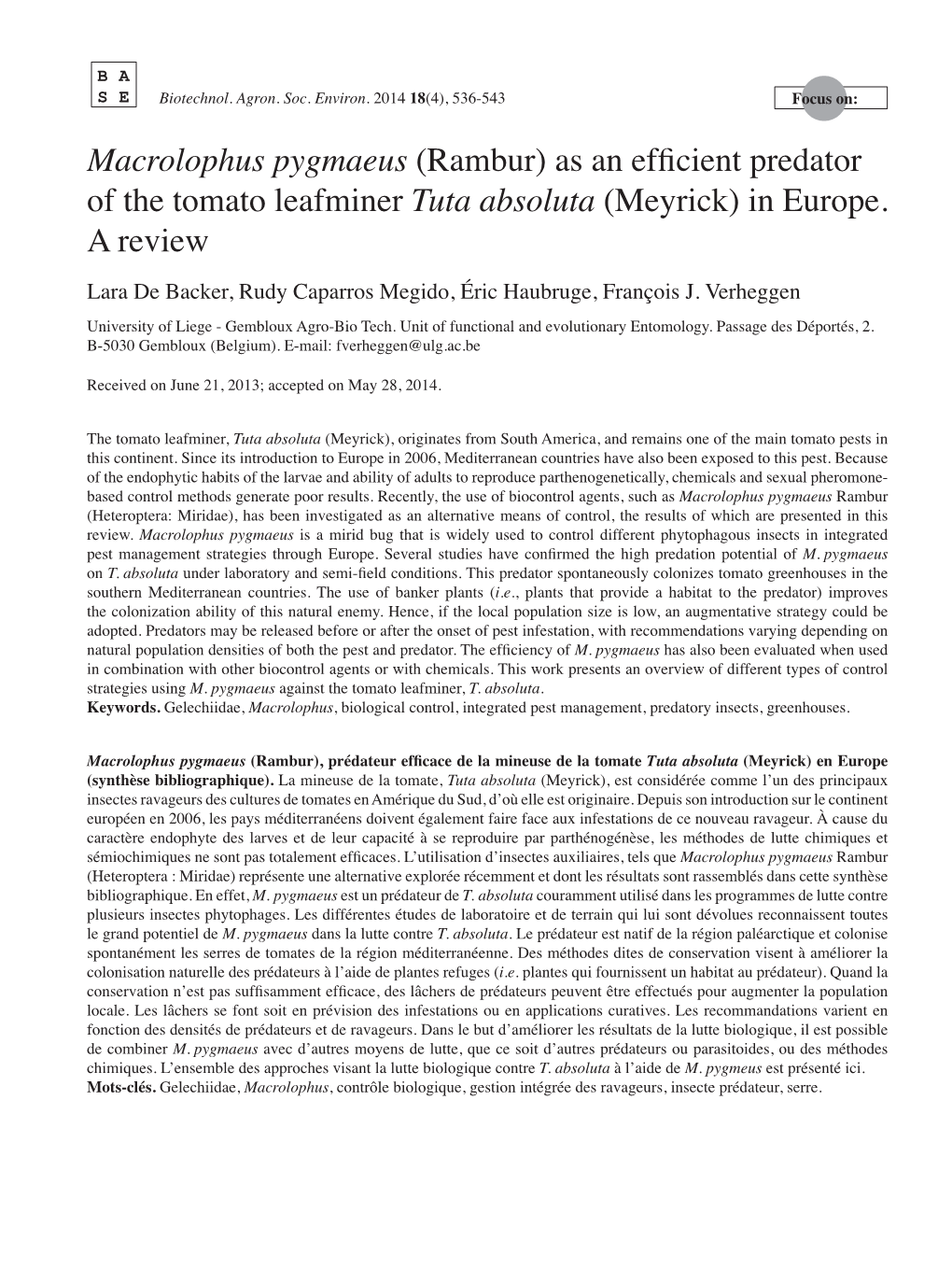 Macrolophus Pygmaeus (Rambur) As an Efficient Predator of the Tomato Leafminer Tuta Absoluta (Meyrick) in Europe