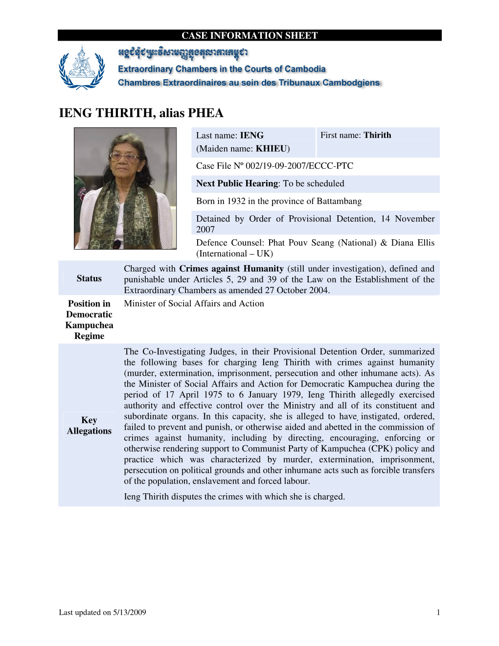Ieng Thirith, Case Information Sheet
