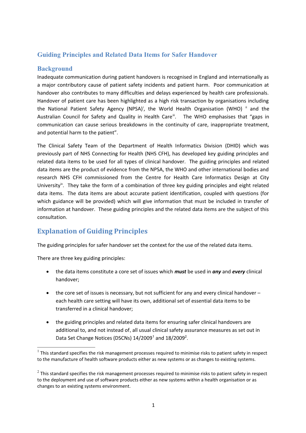 Guiding Principles and Related Data Items for Safer Handover