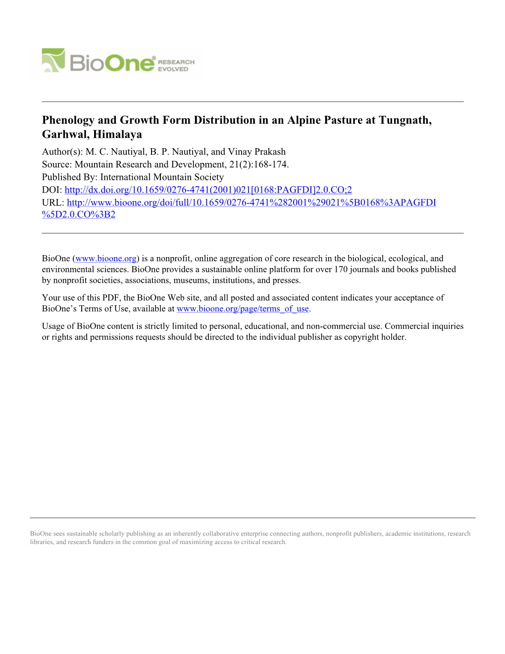 Phenology and Growth Form Distribution in an Alpine Pasture at Tungnath, Garhwal, Himalaya Author(S): M