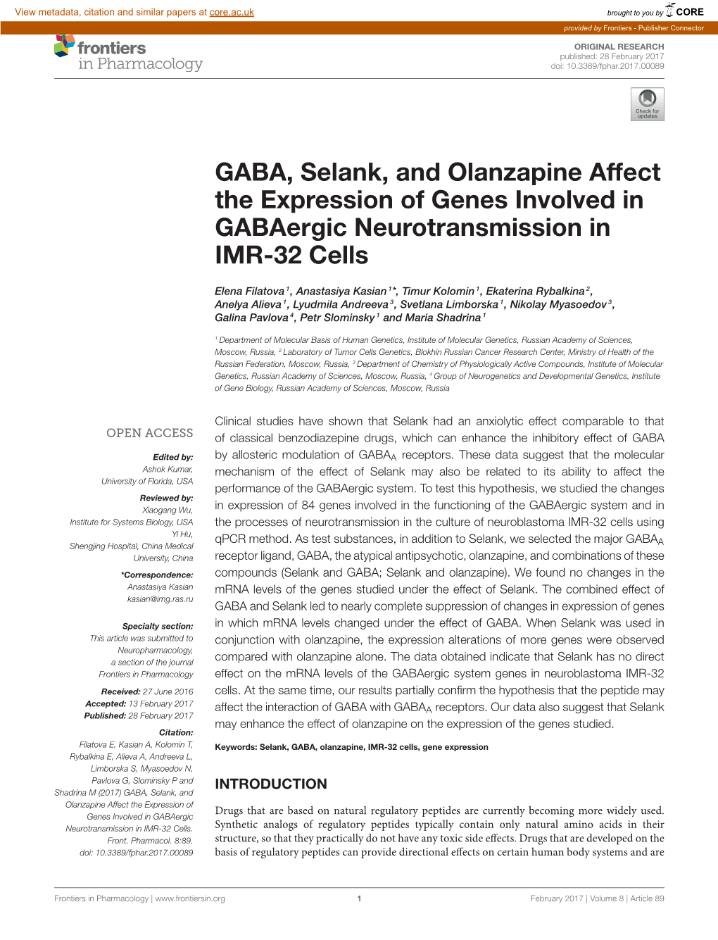 GABA, Selank, and Olanzapine Affect the Expression of Genes Involved in Gabaergic Neurotransmission in IMR-32 Cells