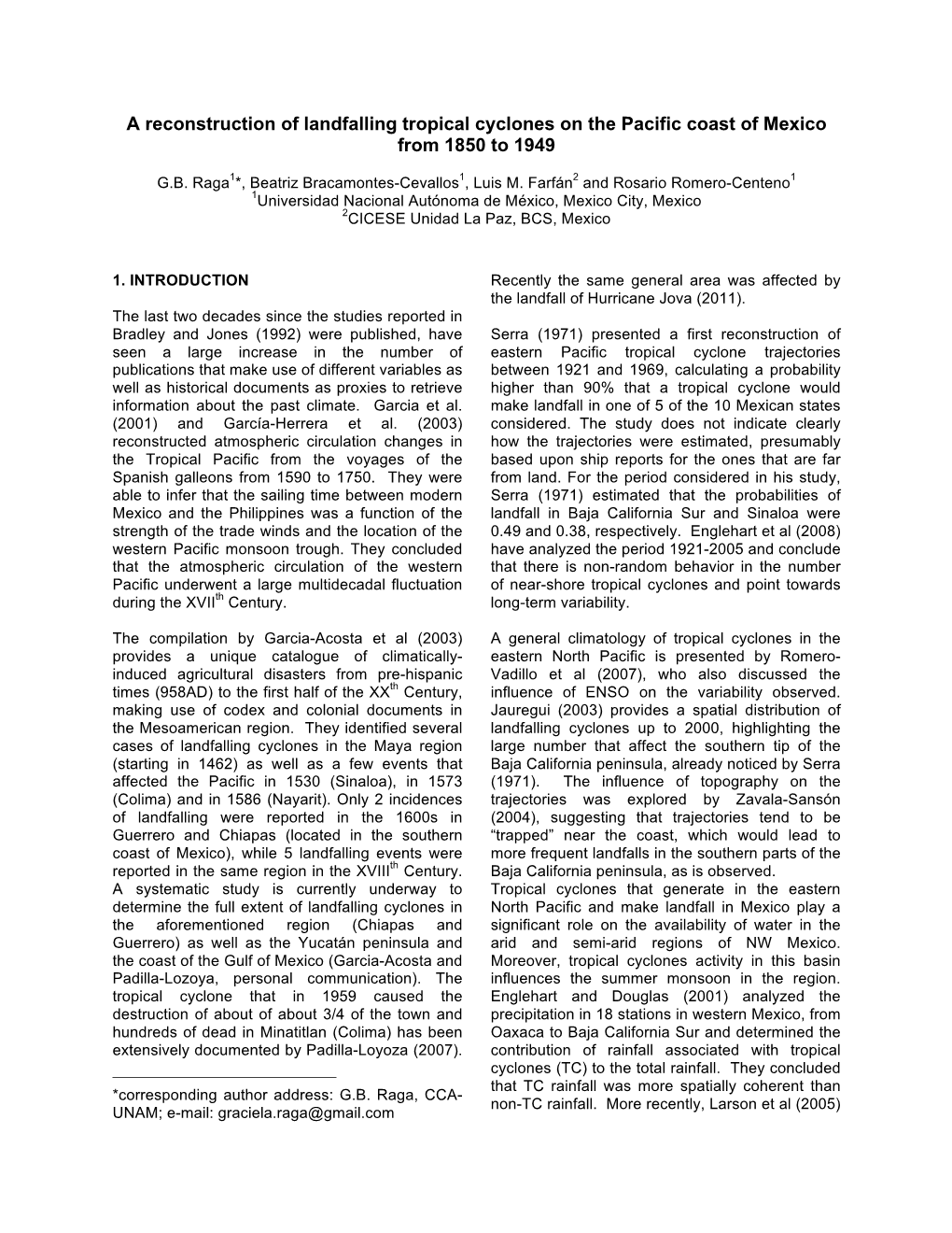 A Reconstruction of Landfalling Tropical Cyclones on the Pacific Coast of Mexico from 1850 to 1949