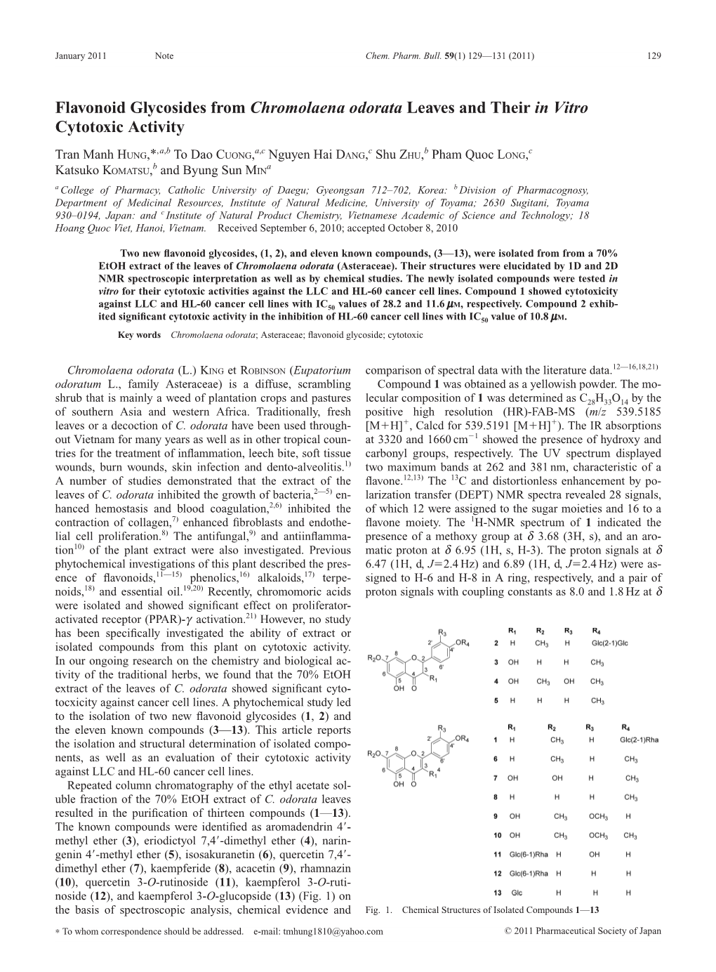 Flavonoid Glycosides from Chromolaena Odorata Leaves and Their in Vitro Cytotoxic Activity