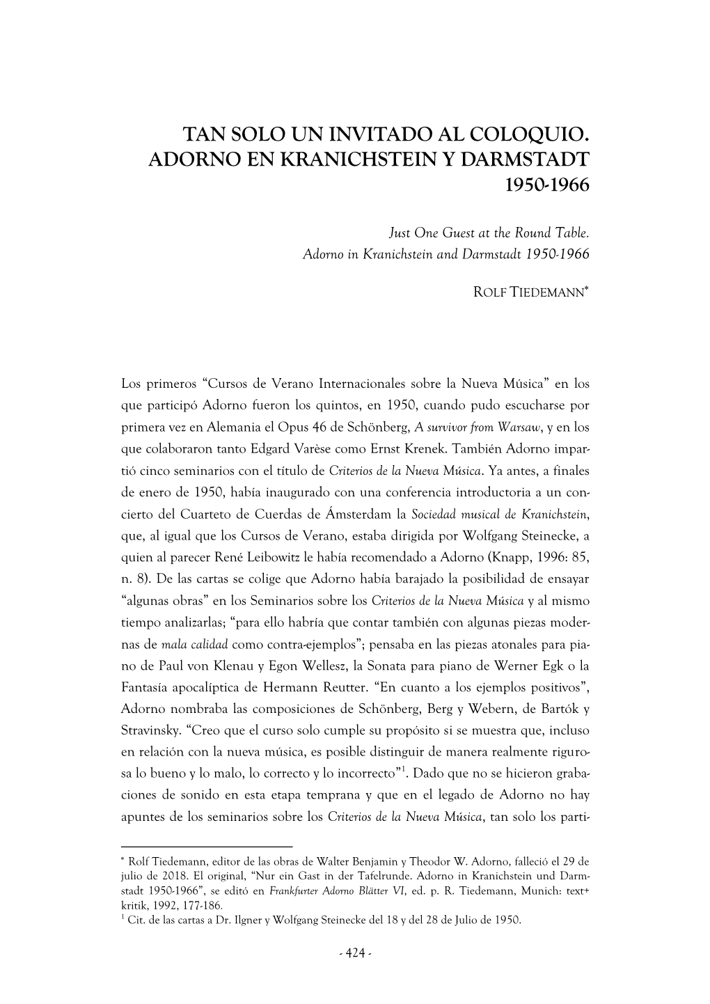 Tan Solo Un Invitado Al Coloquio. Adorno En Kranichstein Y Darmstadt 1950-1966