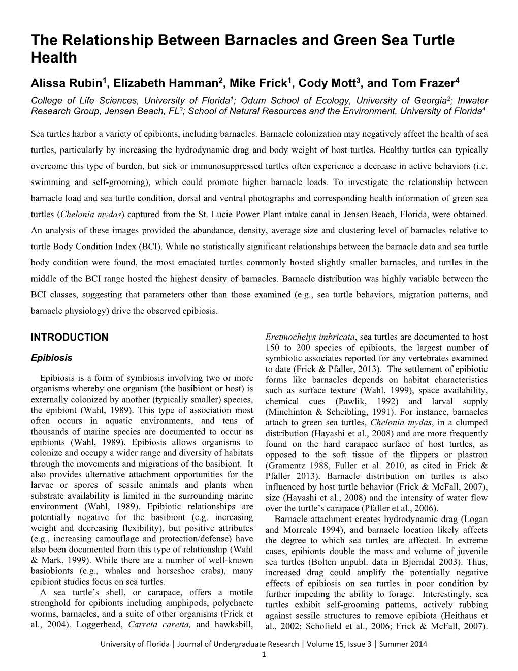 The Relationship Between Barnacles and Green Sea Turtle Health