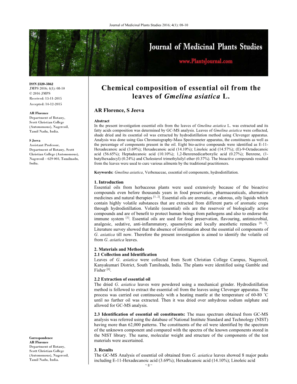 Chemical Composition of Essential Oil from the Leaves of Gmelina Asiatica L