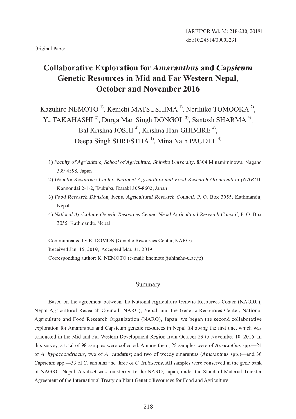 Collaborative Exploration for Amaranthus and Capsicum Genetic Resources in Mid and Far Western Nepal, October and November 2016