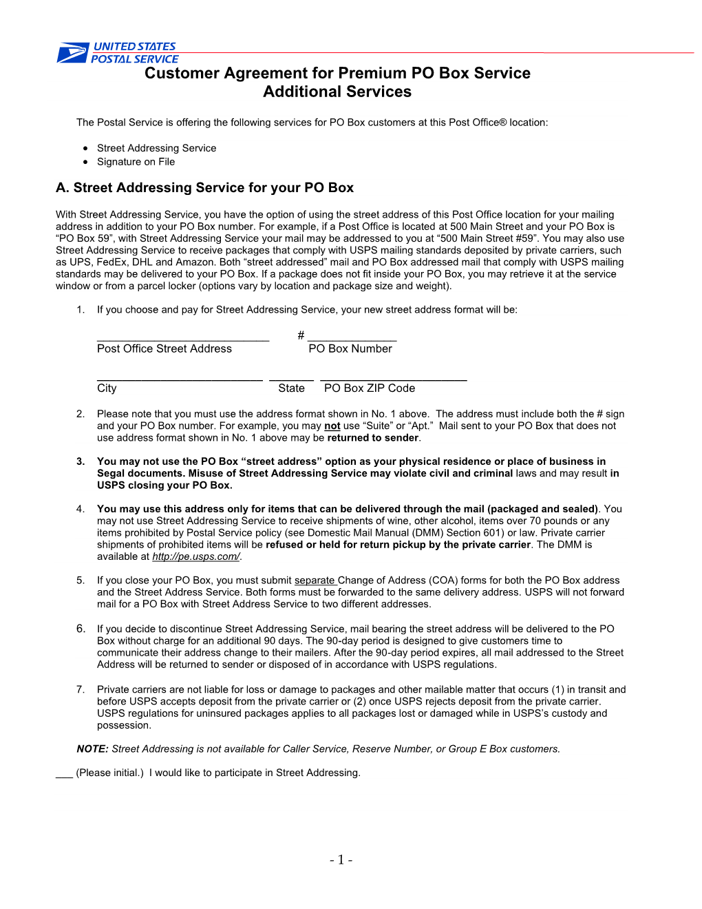 Customer Agreement for Premium PO Box Service Additional Services