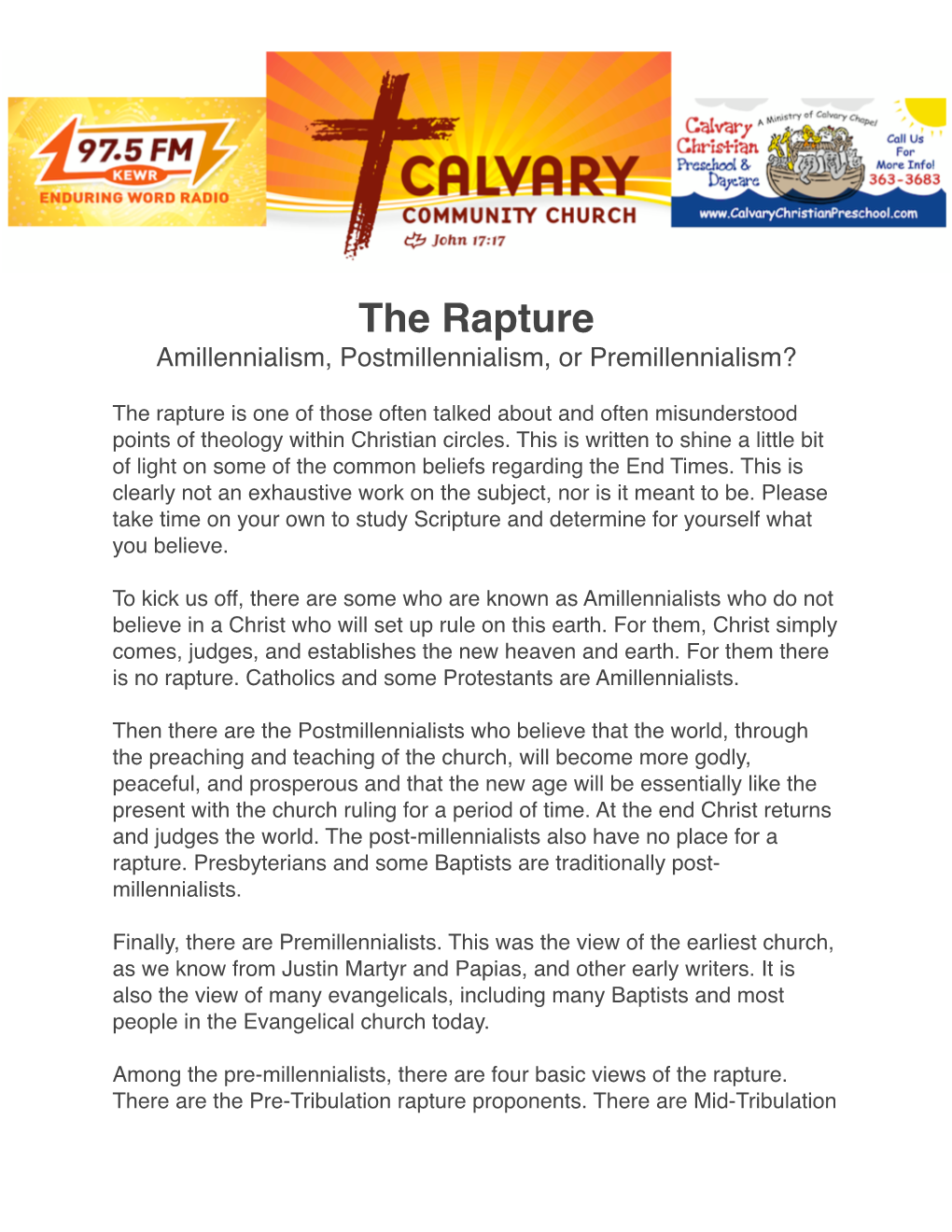 The Rapture – Amillennialism, Postmillennialism Or