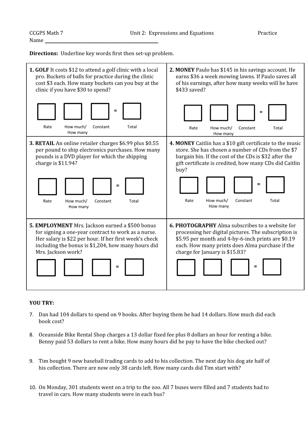 CCGPS Math 7 Unit 2: Expressions and Equations Practice