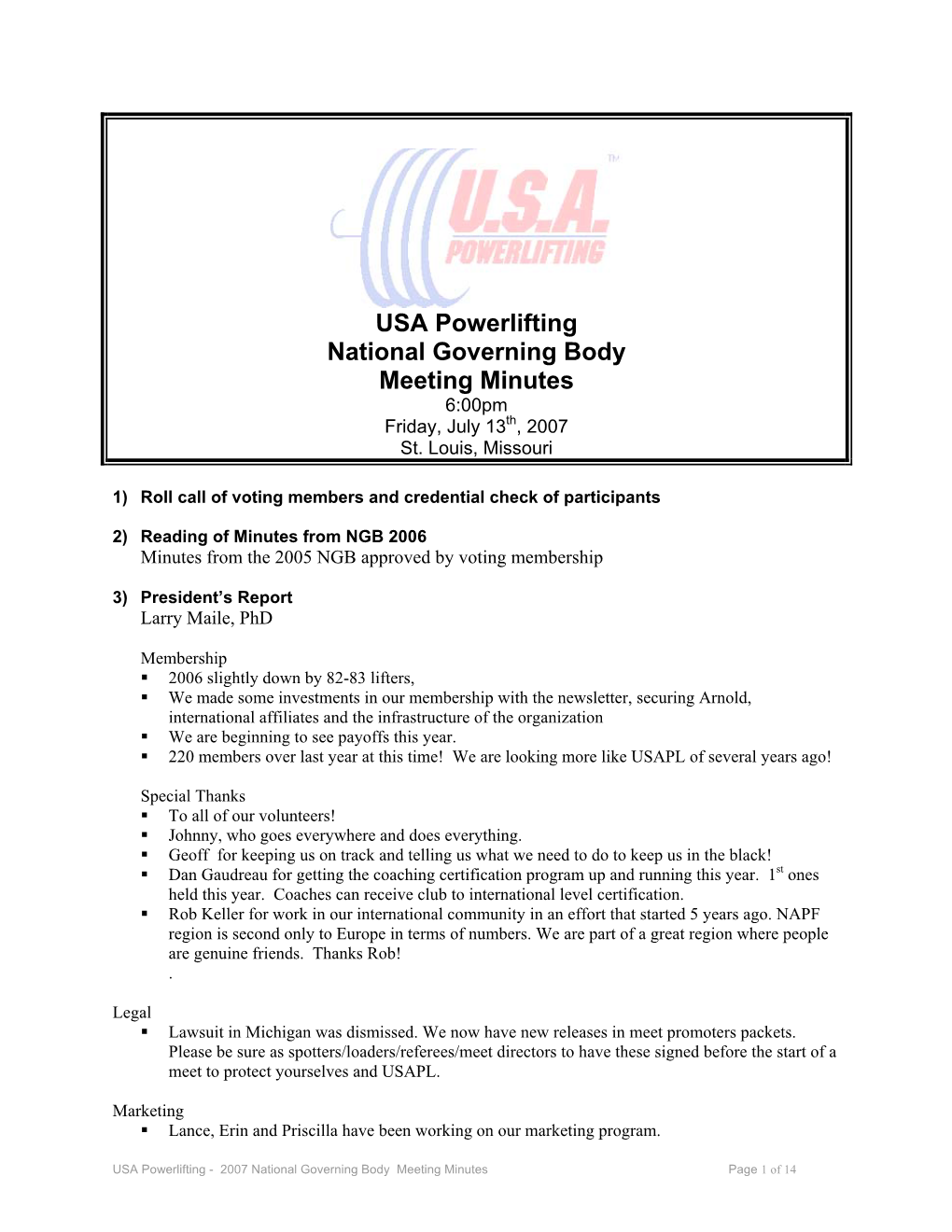 USA Powerlifting National Governing Body Meeting Minutes 6:00Pm Friday, July 13Th, 2007 St