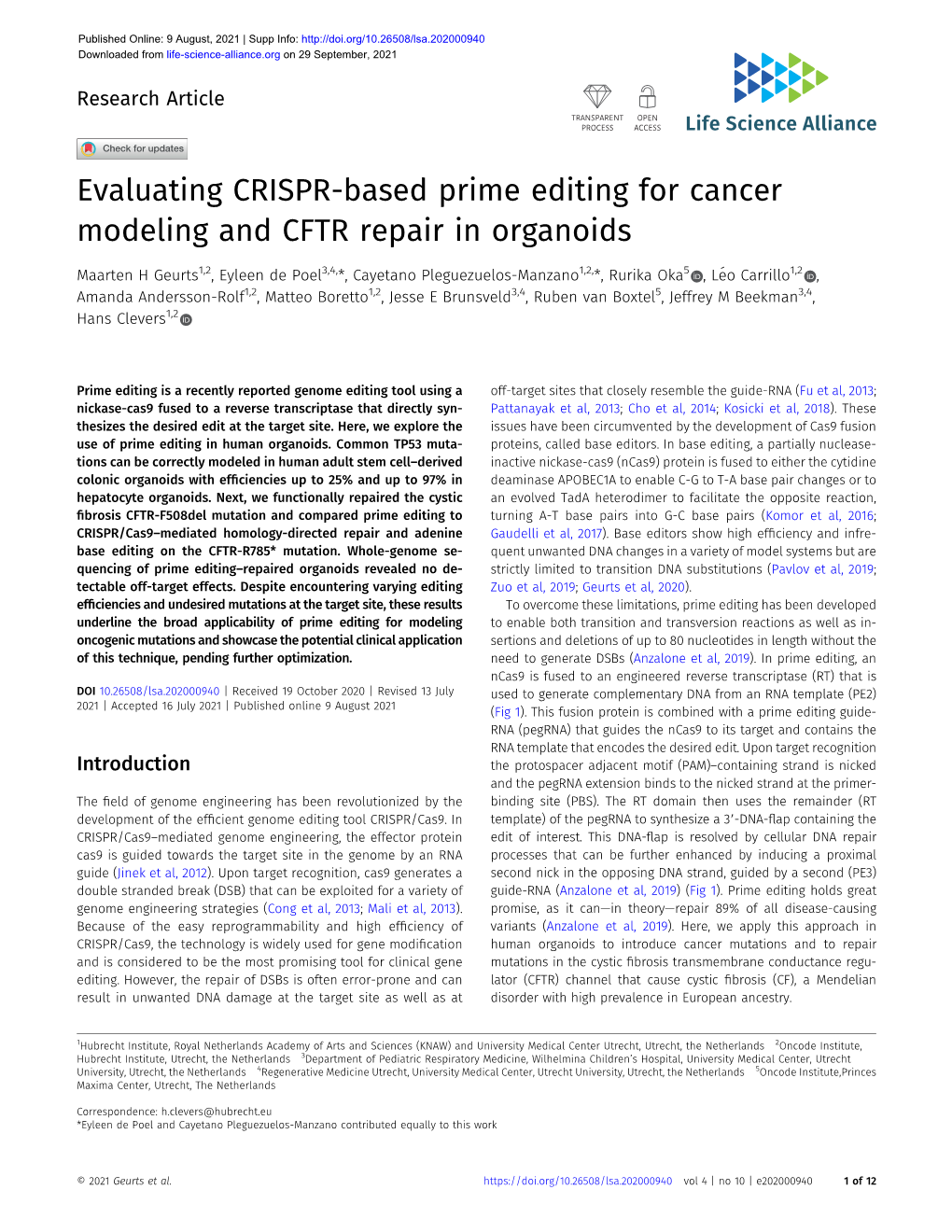 Evaluating CRISPR-Based Prime Editing for Cancer Modeling and CFTR Repair in Organoids