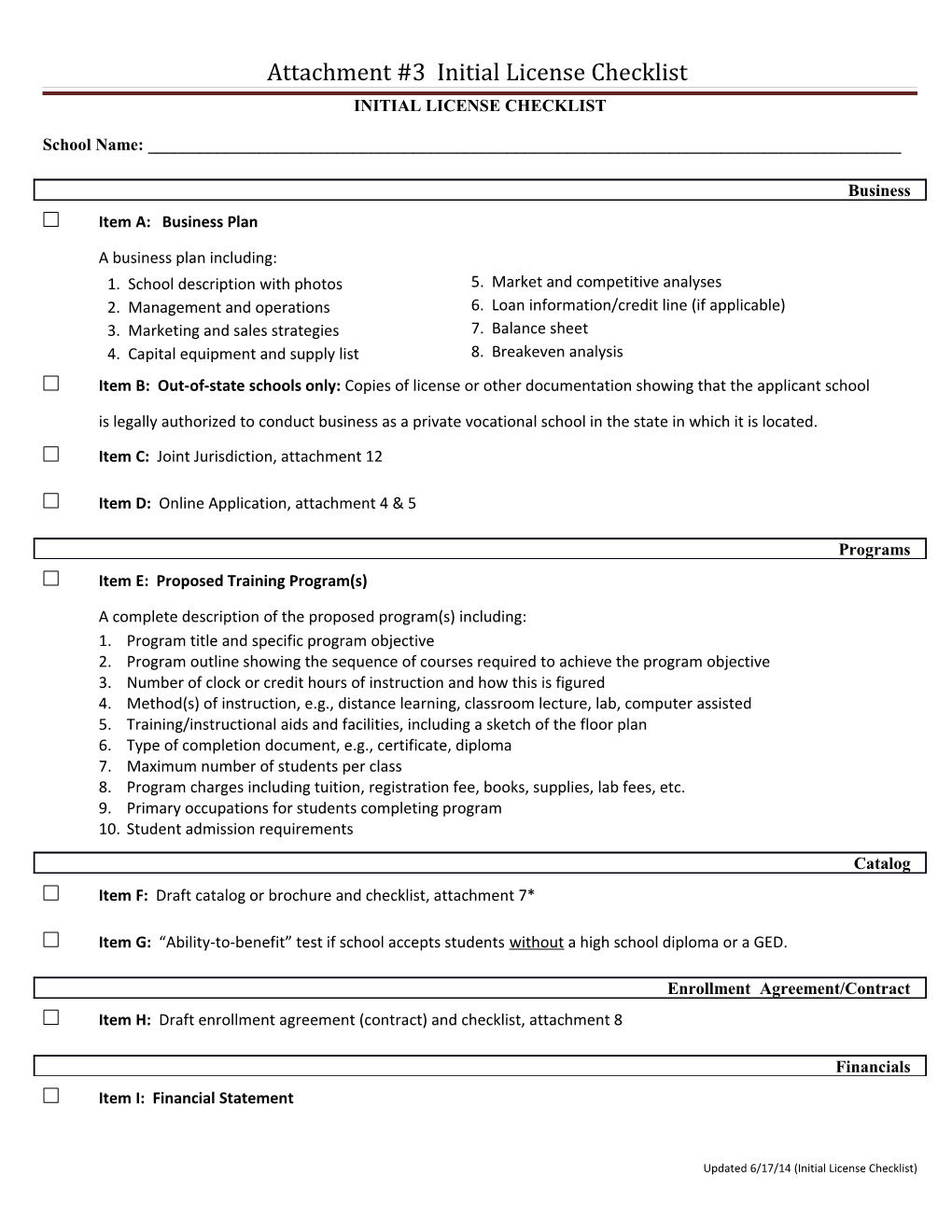 Attachment #3 Initial License Checklist