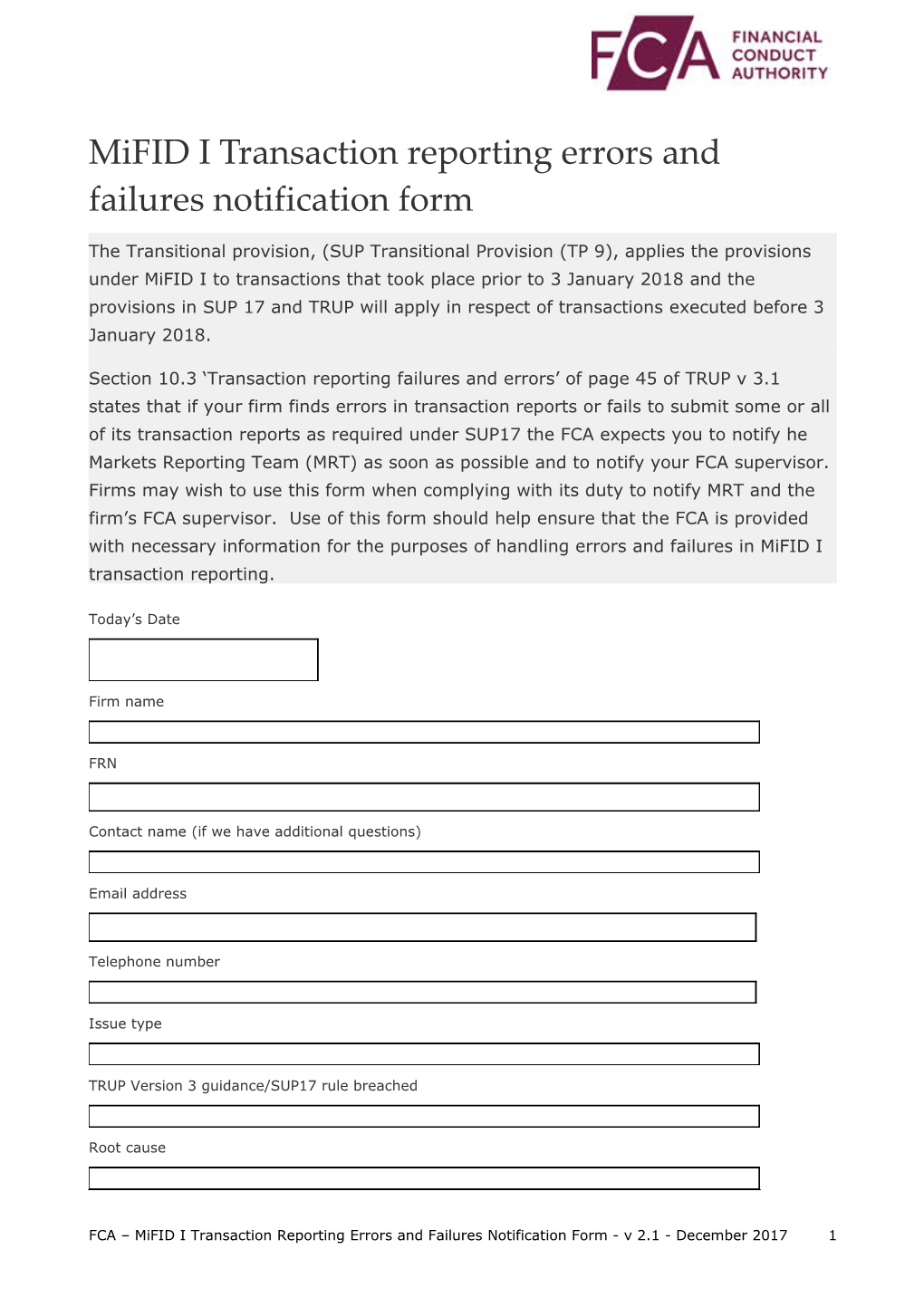 Mifid I Transaction Reporting Errors and Failures Notification Form