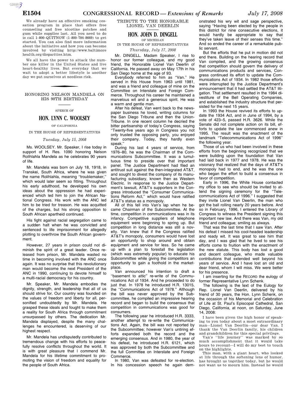 CONGRESSIONAL RECORD— Extensions of Remarks E1504 HON. LYNN C. WOOLSEY HON. JOHN D. DINGELL