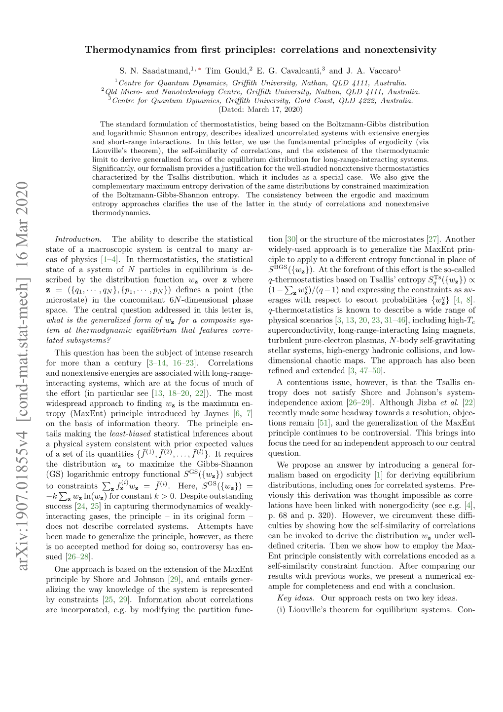 Thermodynamics from First Principles: Correlations and Nonextensivity