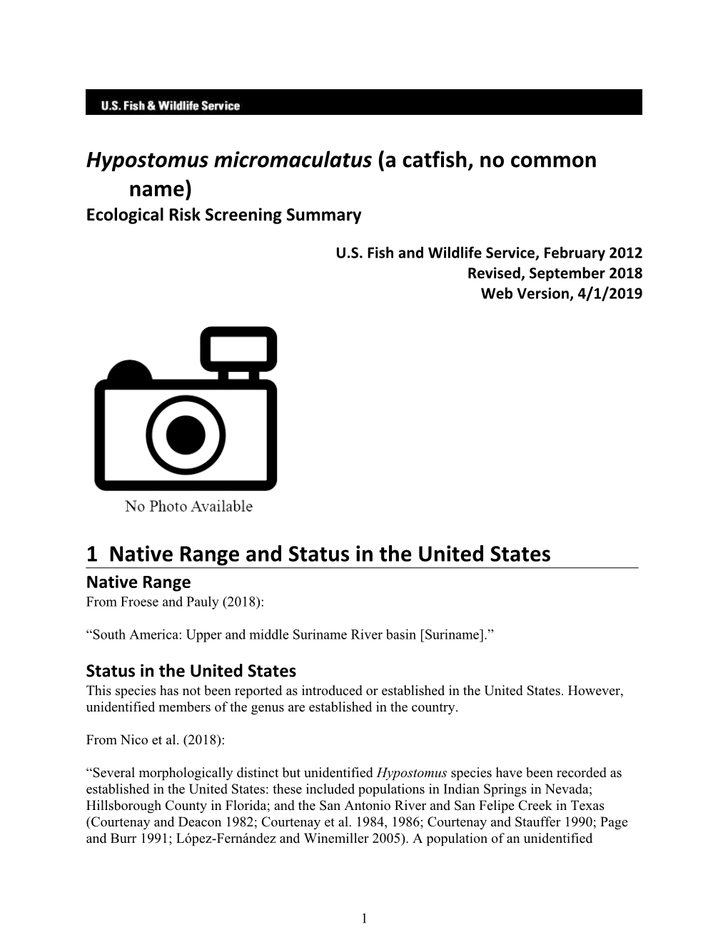 Hypostomus Micromaculatus (A Catfish, No Common Name) Ecological Risk Screening Summary