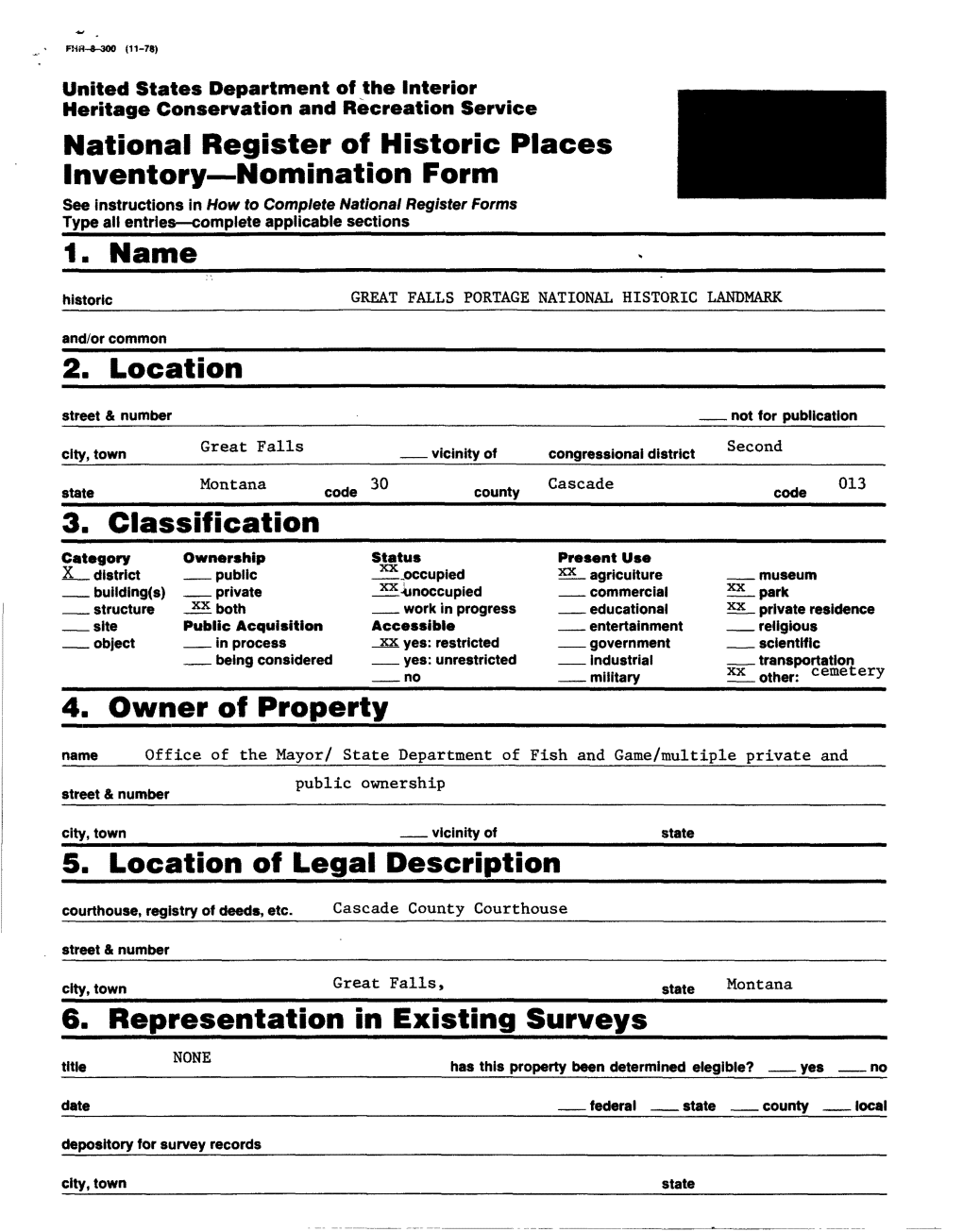 National Register of Historic Places Inventory Nomination Form 1. Name 2. Location 3. Classification 4. Owner of Property 5