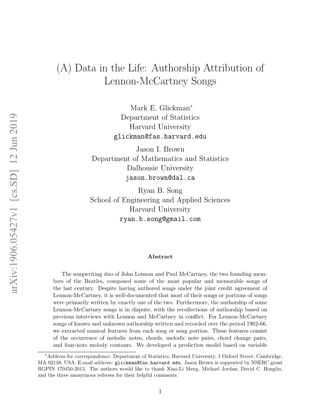 (A) Data in the Life: Authorship Attribution of Lennon-Mccartney Songs