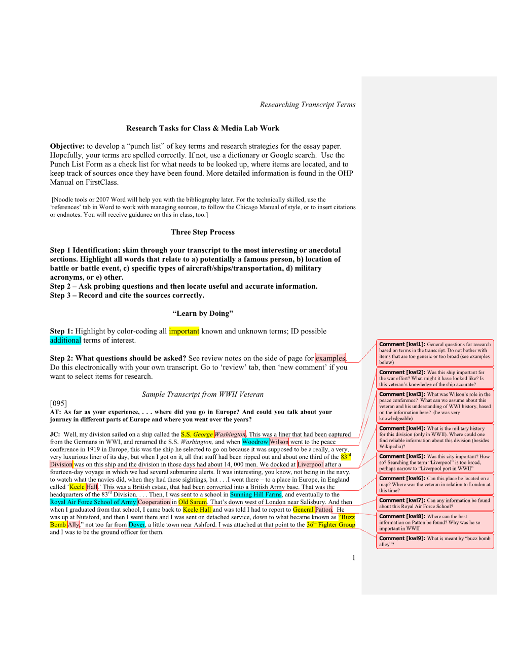 Punch List” of Key Terms and Research Strategies for the Essay Paper