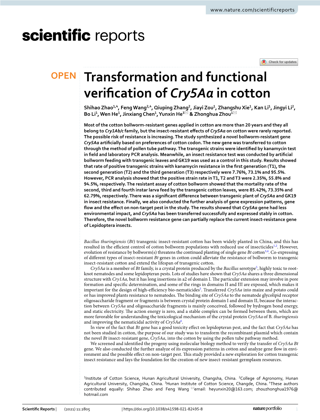 Transformation and Functional Verification of Cry5aa in Cotton