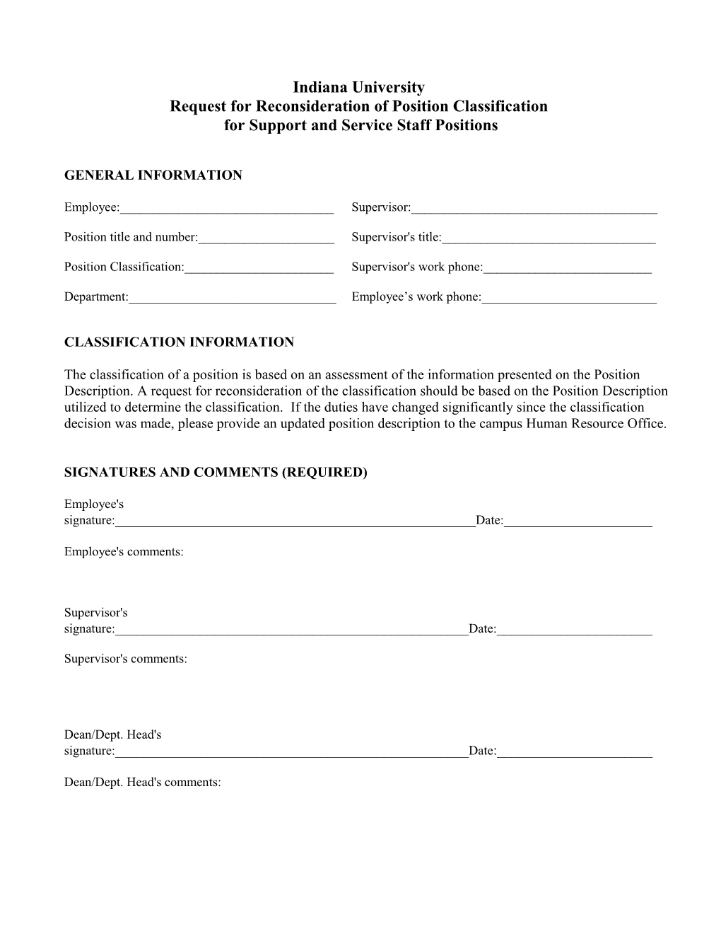 Request for Reconsideration of Position Classification