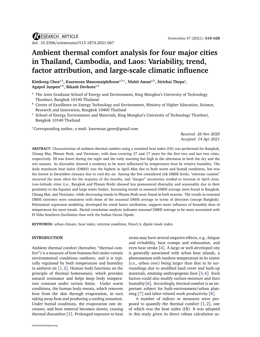 Ambient Thermal Comfort Analysis for Four Major Cities in Thailand, Cambodia, and Laos: Variability, Trend, Factor Attribution, and Large-Scale Climatic Inﬂuence