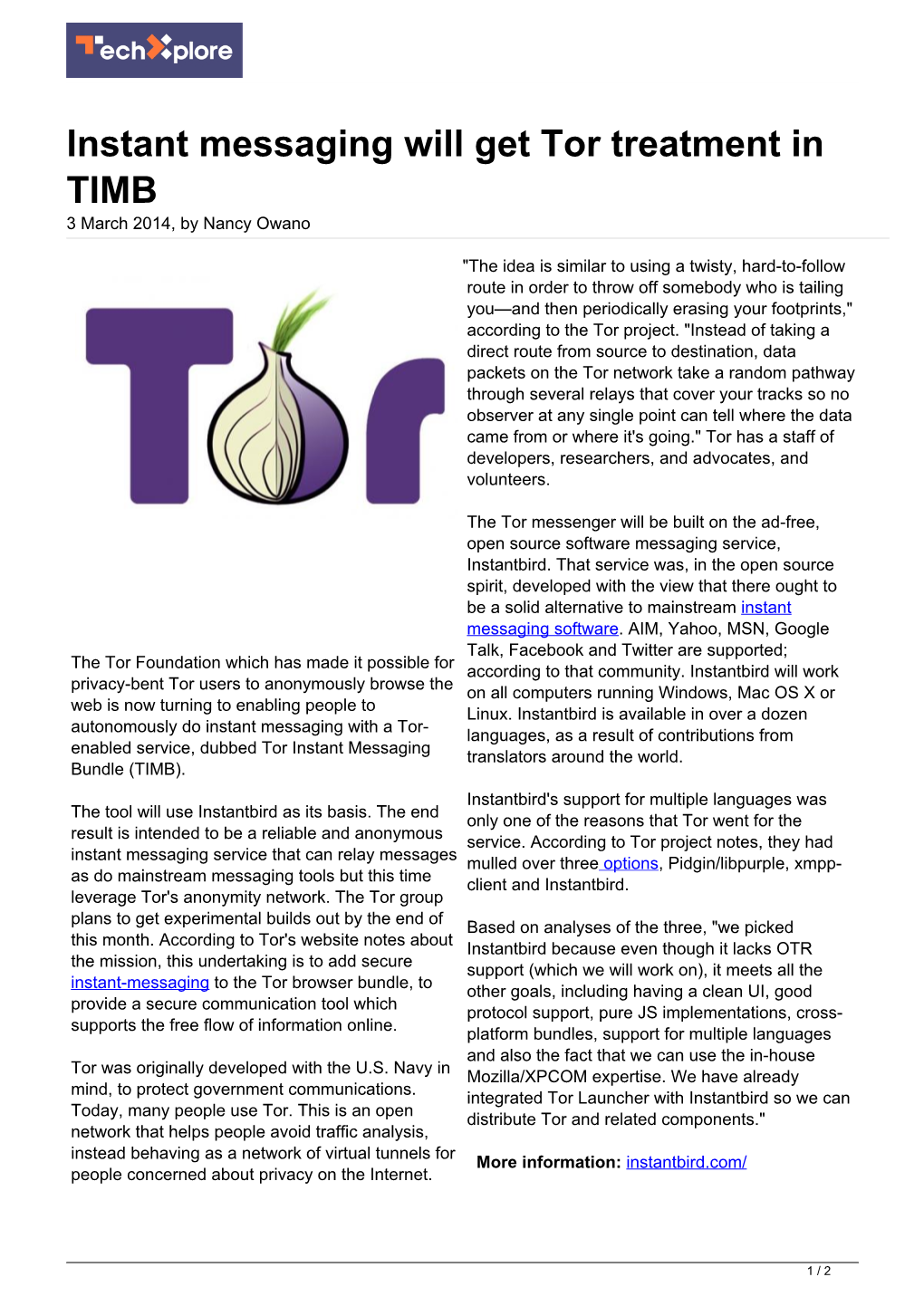 Instant Messaging Will Get Tor Treatment in TIMB 3 March 2014, by Nancy Owano