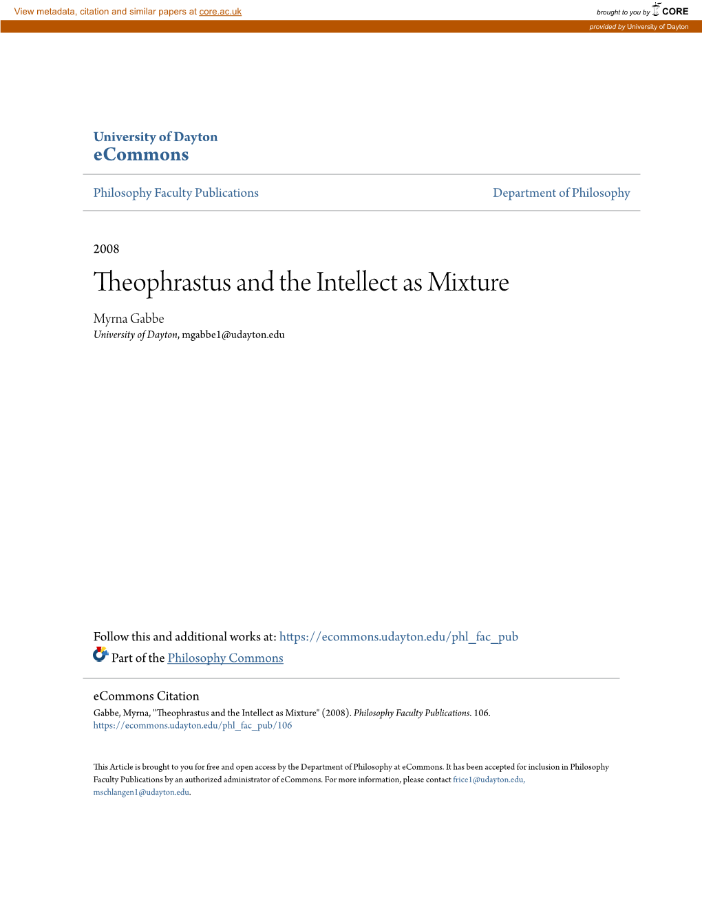 Theophrastus and the Intellect As Mixture Myrna Gabbe University of Dayton, Mgabbe1@Udayton.Edu