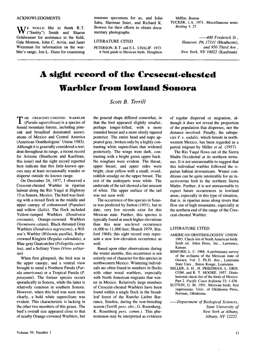 A Sight Record of the Crescent-Chested Warbler from Lowland Sonora