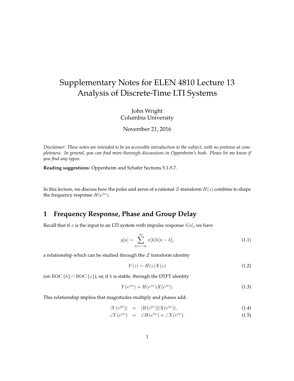 Supplementary Notes for ELEN 4810 Lecture 13 Analysis of Discrete-Time LTI Systems