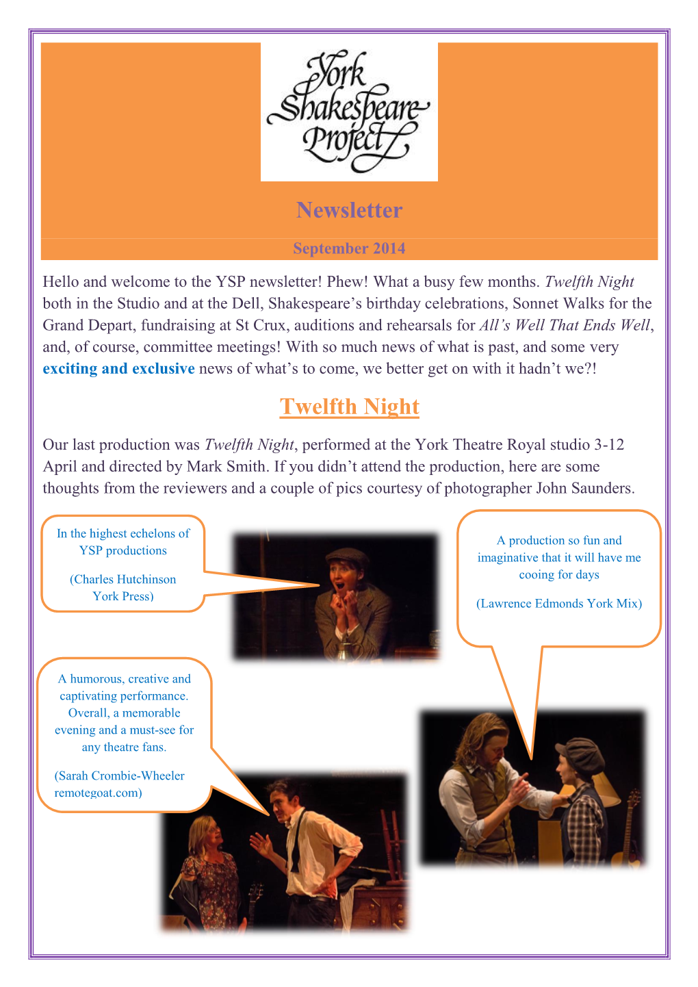 Newsletter Twelfth Night