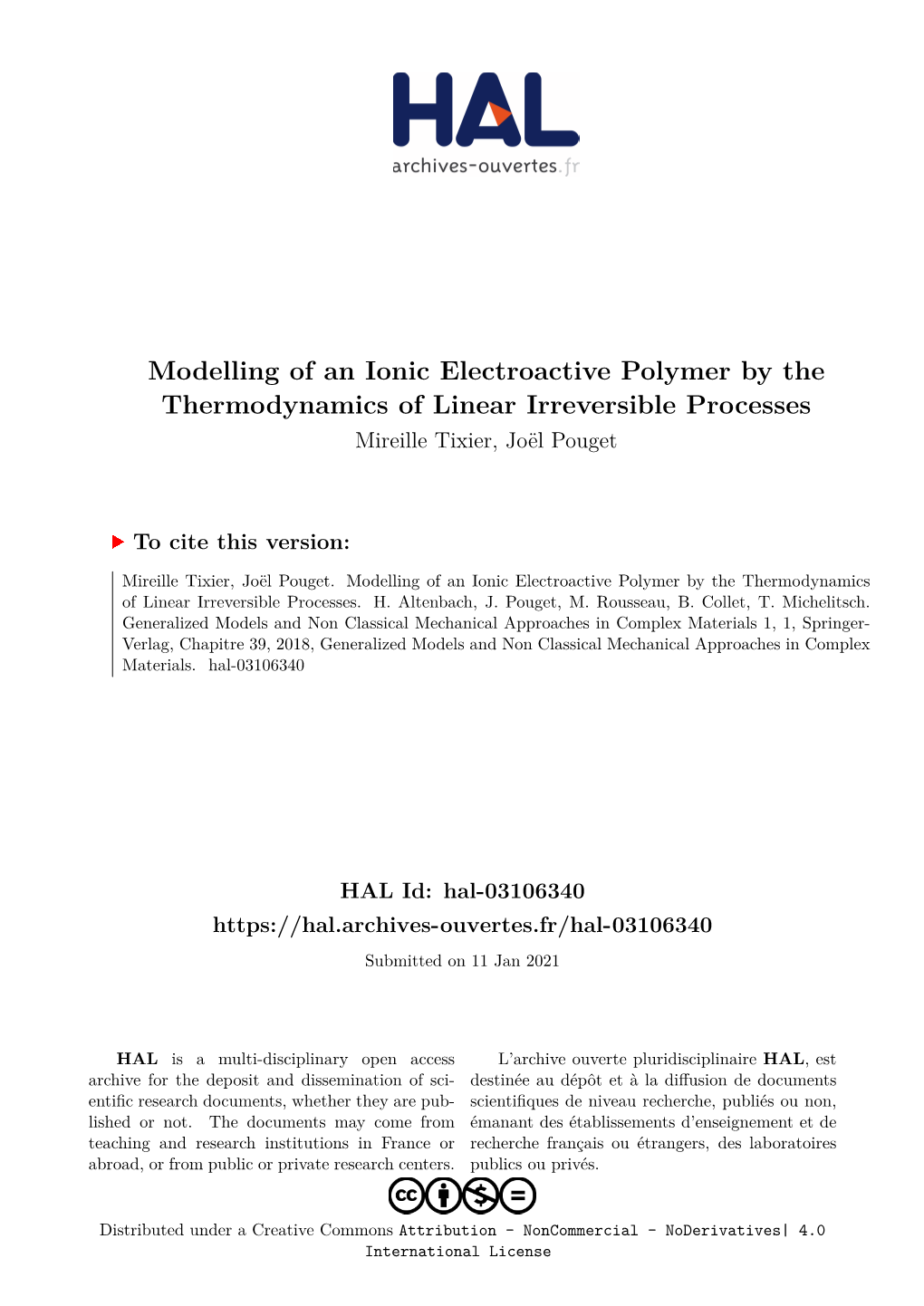 Modelling of an Ionic Electroactive Polymer by the Thermodynamics of Linear Irreversible Processes Mireille Tixier, Joël Pouget