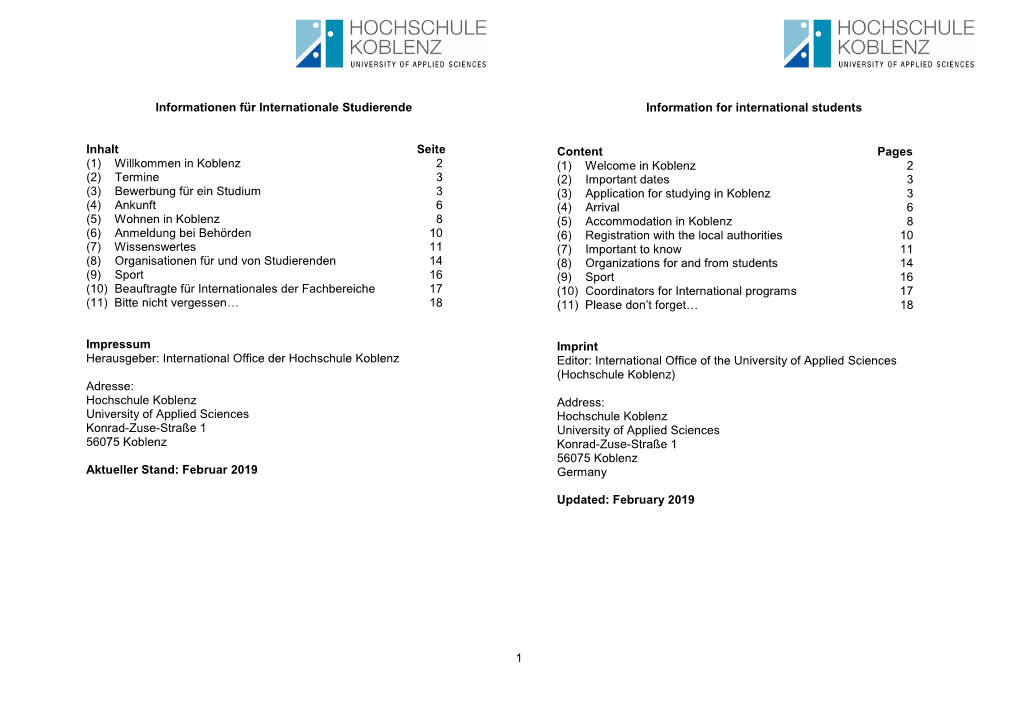 1 Informationen Für Internationale Studierende Inhalt Seite