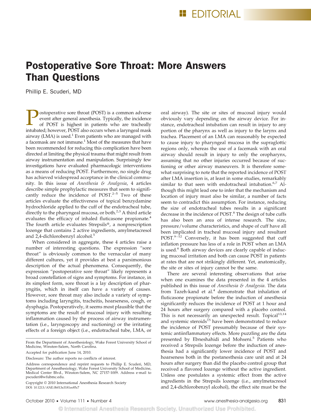 Postoperative Sore Throat: More Answers Than Questions