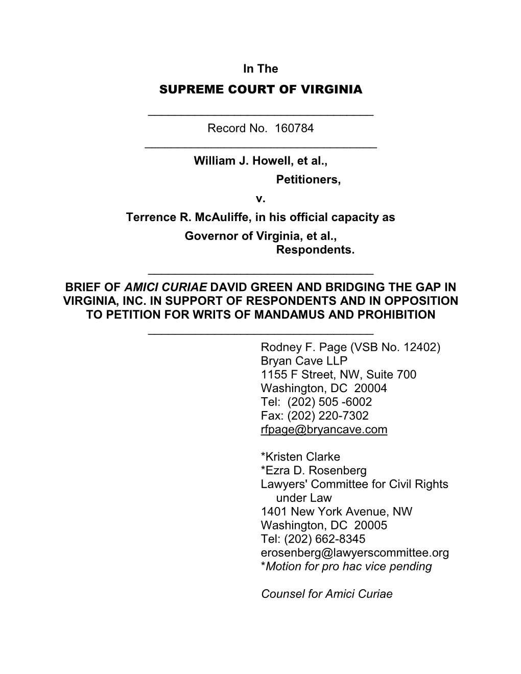 Brief of Amici Curiae David Green and Bridging the Gap in Virginia, Inc In