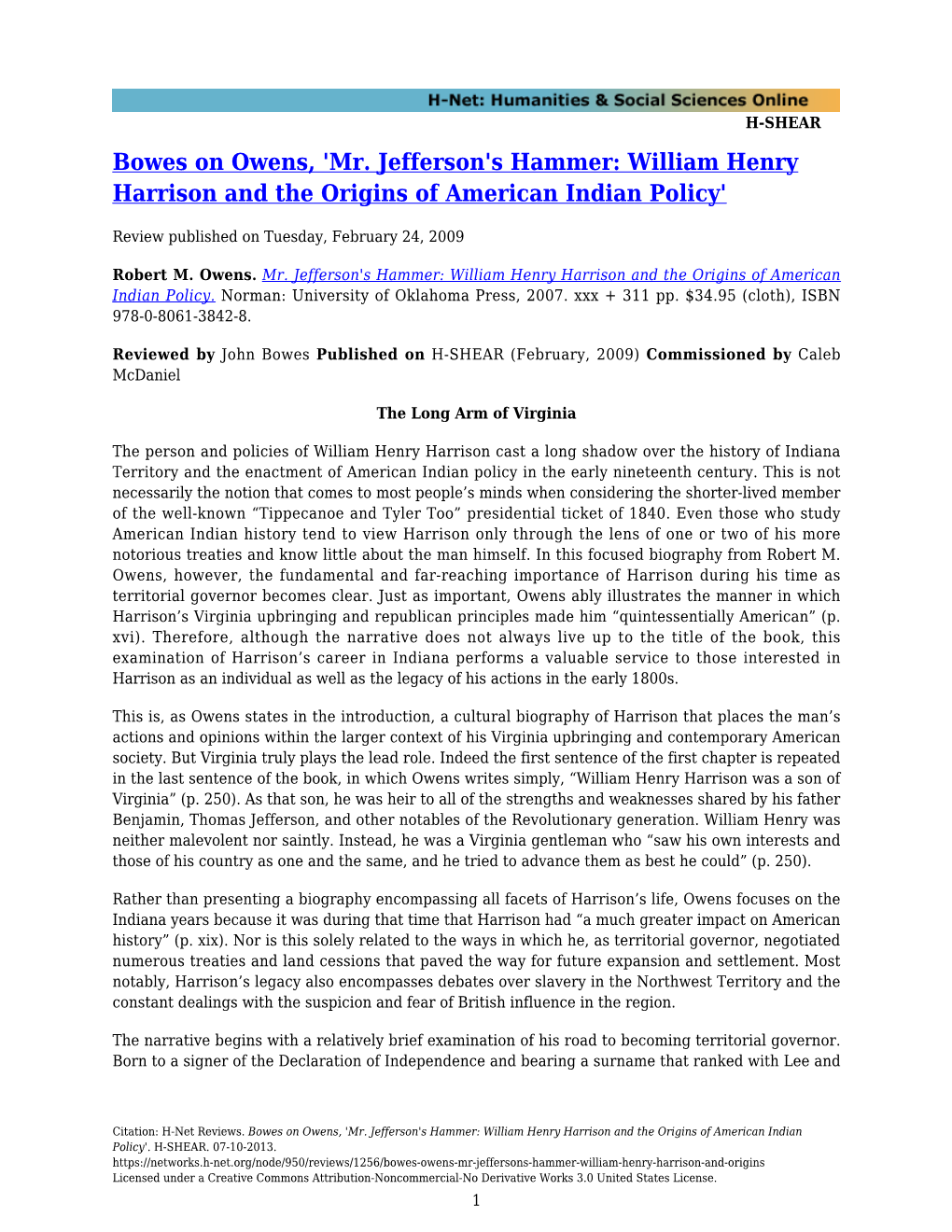 'Mr. Jefferson's Hammer: William Henry Harrison and the Origins of American Indian Policy'