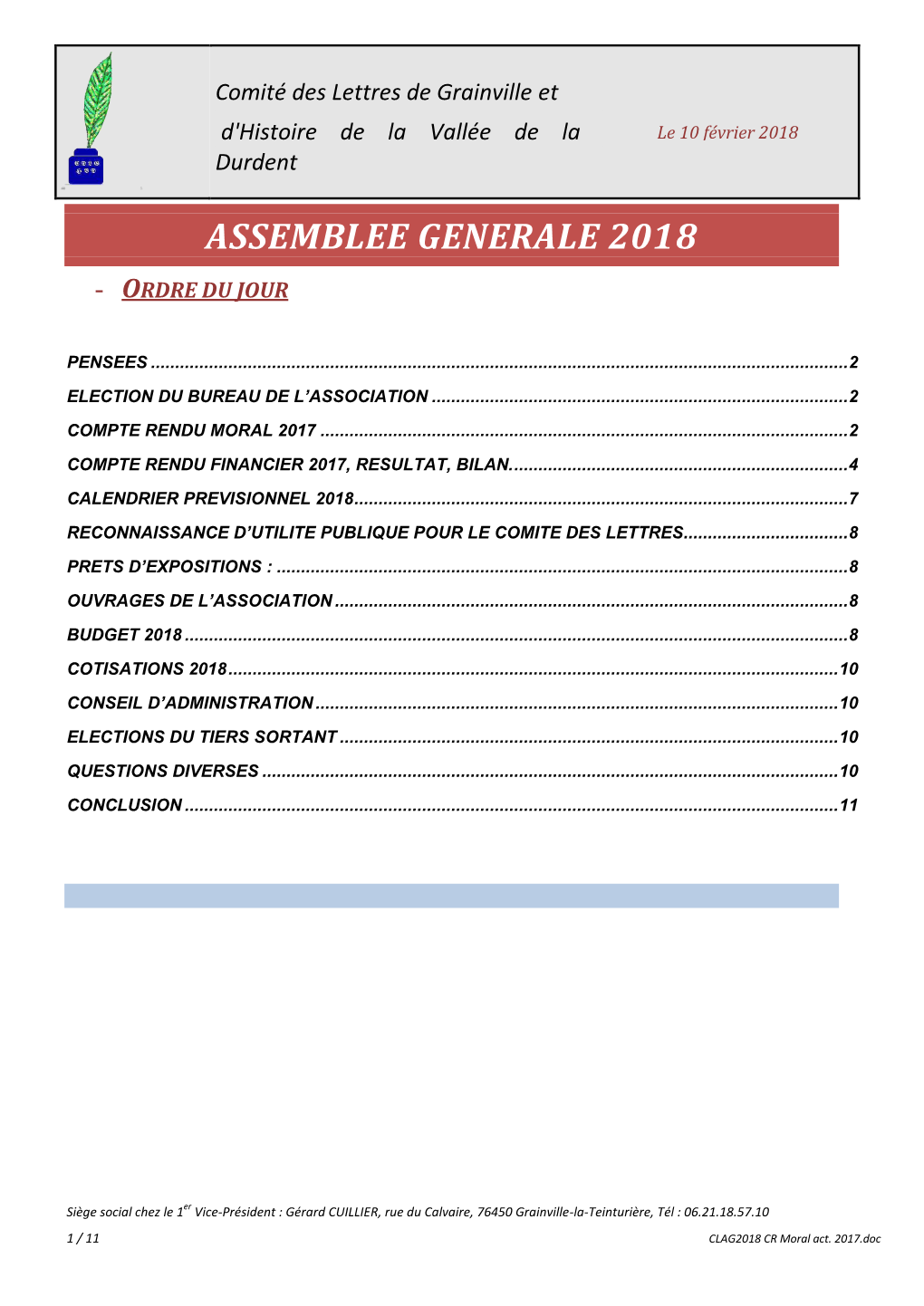 Comité Des Lettres De Grainville Et D'histoire De La Vallée De La Le 10 Février 2018 Durdent