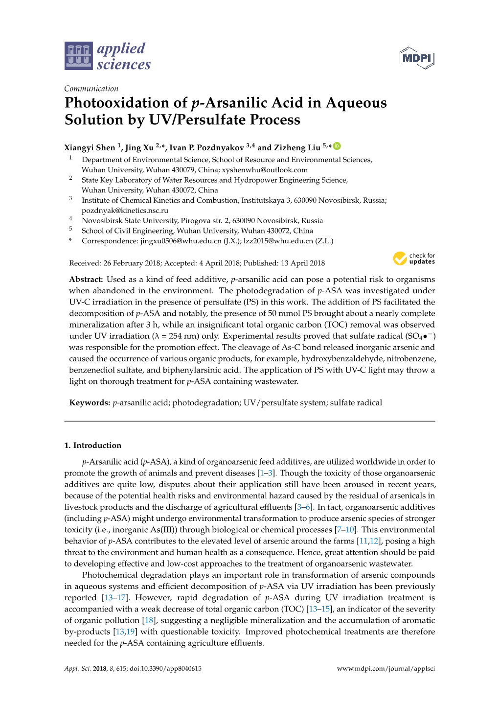 Photooxidation of P-Arsanilic Acid in Aqueous Solution by UV/Persulfate Process