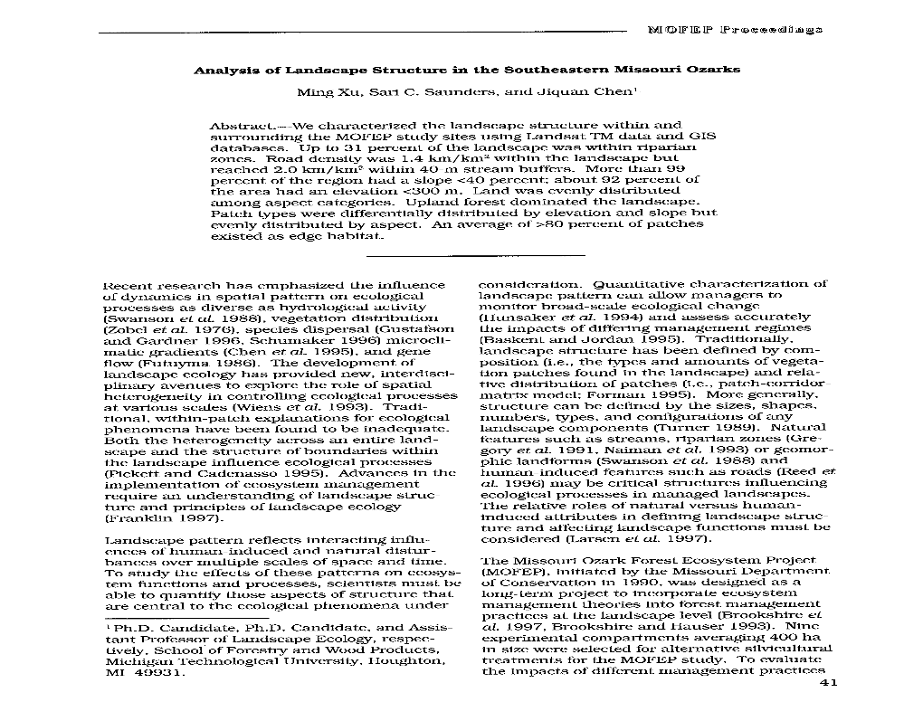 Analysis of Landscape Structure in the Southeastern Missouri Ozarks