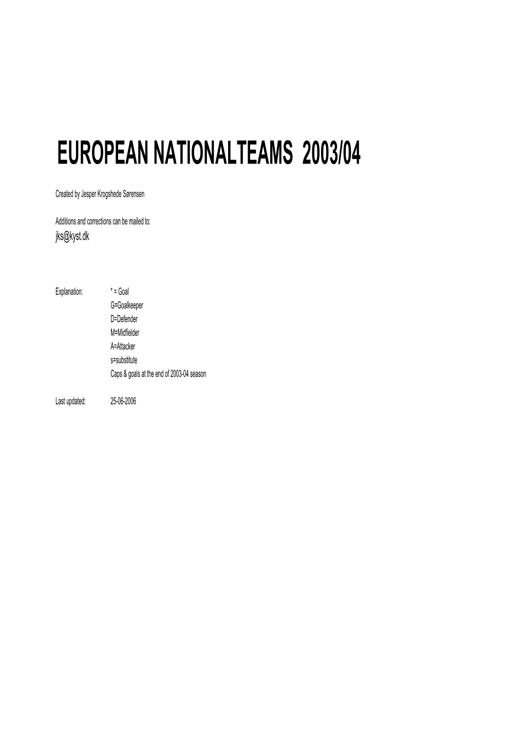 European Countries International Line-Ups 2003/04