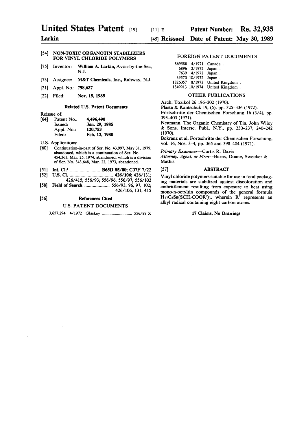 United States Patent (19) (11) E Patent Number: Re